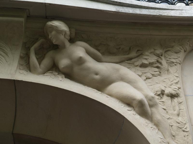 Paris, France: 50 Avenue Victor Hugo: woman over door (1902, architect Charles Plumet)