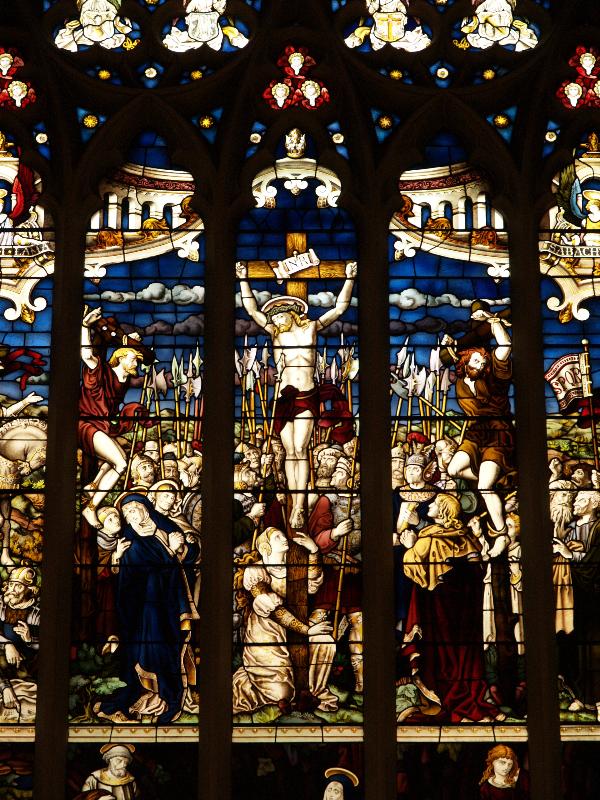 Cambridge, England: Corpus Christi College: chapel, east window, Crucifixion detail (1881, maker Heaton, Butler and Bayne)