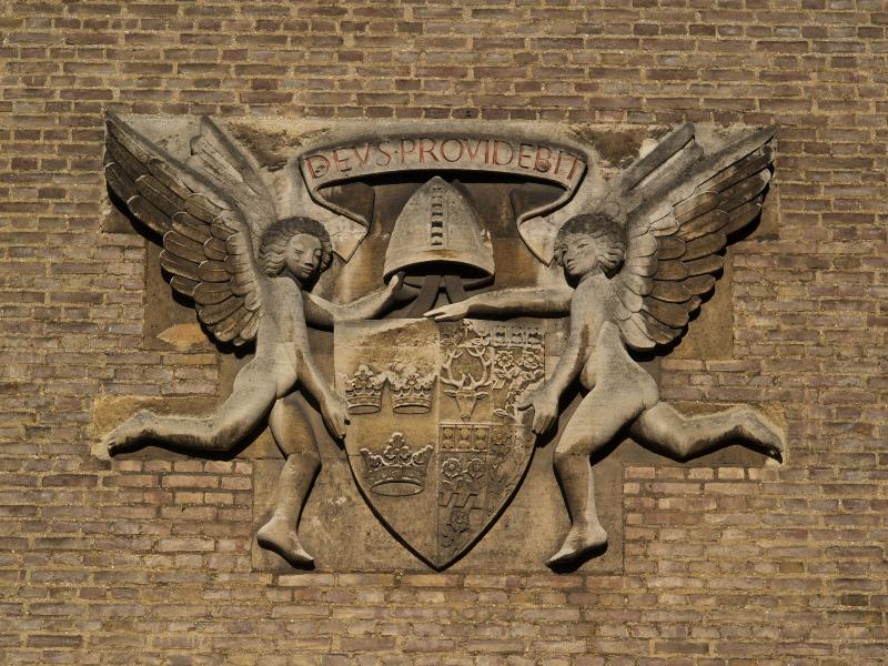 Cambridge, England: Jesus College: Deus Providebit (God will provide) (1929-1930, sculptor Eric Gill, architect Morley Horder)