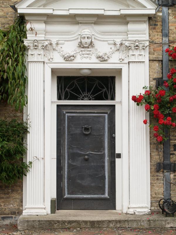 Cambridge, England: 11 Grange Road: door (1912, architect A.J. Winter Rose)