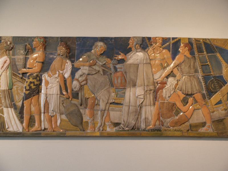 London, England: Victoria and Albert Museum: Pottery through the Ages (from Doulton House, 1939, demolished 1978, sculptor Gilbert Bayes, architect T.P. Bennett)