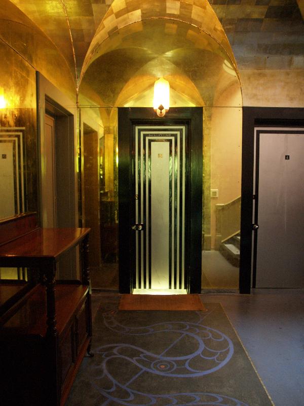 Cambridge, England: Gonville and Caius College: hallway and door (1927-1929, architect Raymond McGrath)