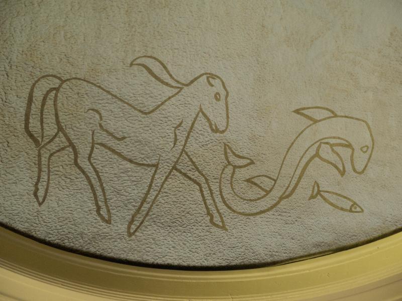Cambridge, England: Gonville and Caius College: glass dome, donkey and fish (1927-1929, artist Raymond McGrath)