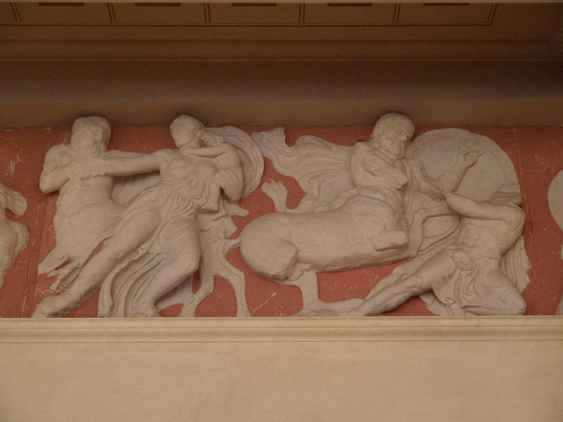 Cambridge, England: Gonville and Caius College: Temple of Bassae frieze detail, copy (1995-1998, architect John Simpson and Partners, plasterer George Cook and Sons)