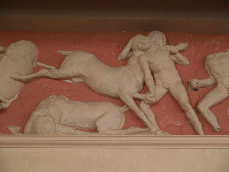 Cambridge, England: Gonville and Caius College: Temple of Bassae frieze detail, copy (1995-1998, architect John Simpson and Partners, plasterer George Cook and Sons)