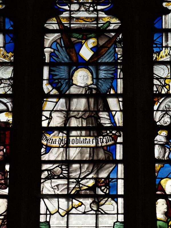 Cambridge, England: King's College: chapel, north wall window, angel