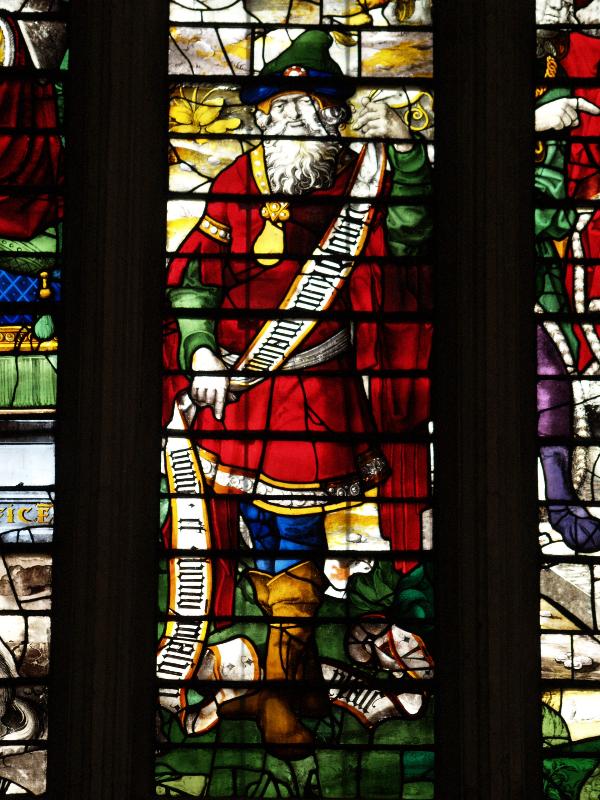 Cambridge, England: King's College: chapel, north wall window, man