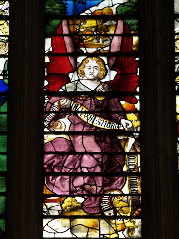 Cambridge, England: King's College: chapel, north wall window, angel