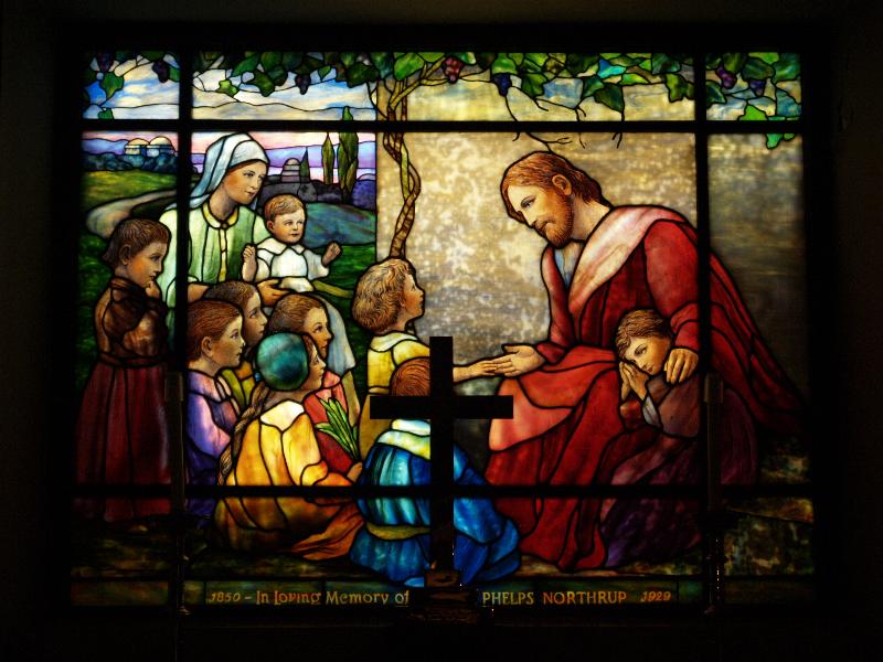 Buffalo, New York (NY): Episcopal Church of the Good Shepherd: Christ Blessing the Little Children (1930, Tiffany Studios)