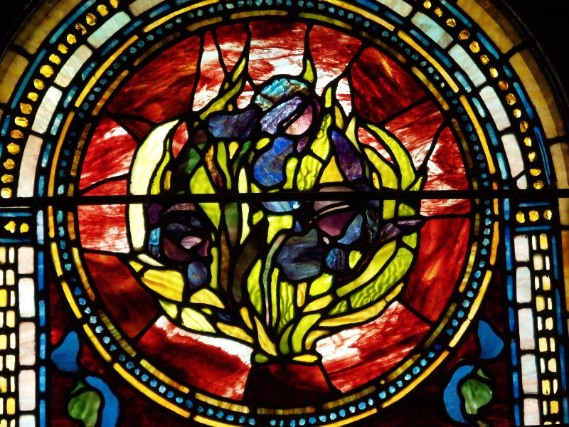 Buffalo, New York (NY): Episcopal Church of the Good Shepherd: Purple Fleur-de-Lis and Palm Branch (1888, Tiffany Studios)