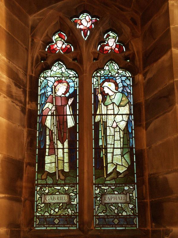 Nether Alderley, England: St Mary: Gabriel and Raphael (1909, maker Morris and Co., designers Edward Burne-Jones, John Henry Dearle)