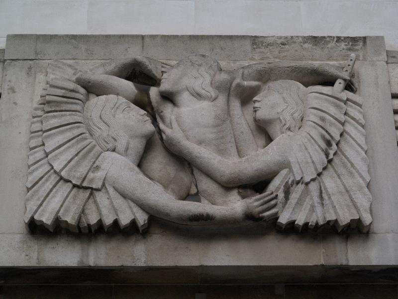 London, England: Broadcasting House (BBC), Portland Place: Ariel Learns Celestial Music (1931-1932, sculptor Eric Gill)