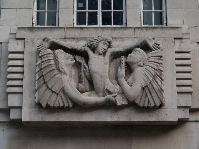 London, England: Broadcasting House (BBC), Portland Place: Ariel Between Wisdom and Gaiety (1931-1932, sculptor Eric Gill)