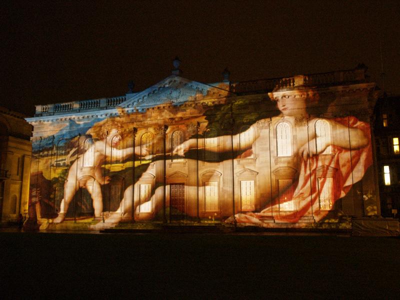 Cambridge, England: Senate House: light show: Cupid and Venus (Cambridge University 800th anniversary light show, officially 16-18 January 2010, light artist Ross Ashton)