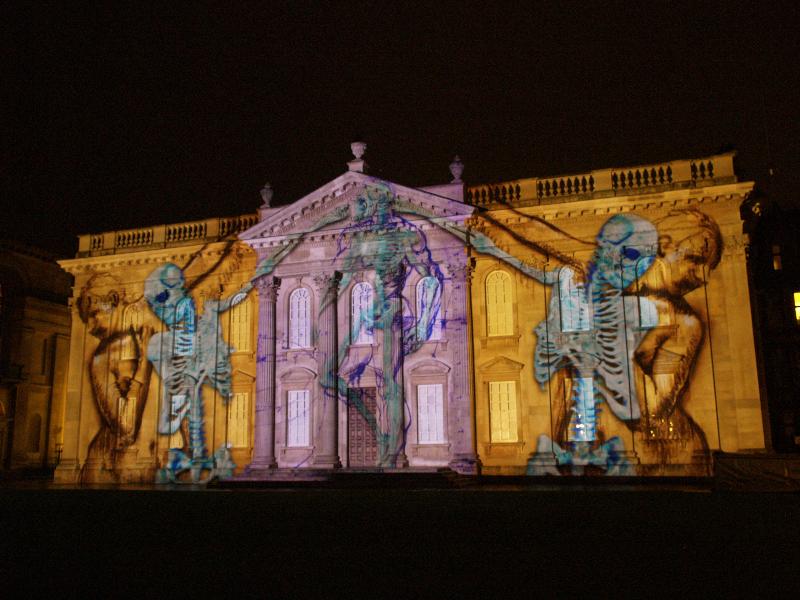 Cambridge, England: Senate House: light show: art and anatomy (Cambridge University 800th anniversary light show, officially 16-18 January 2010, light artist Ross Ashton)
