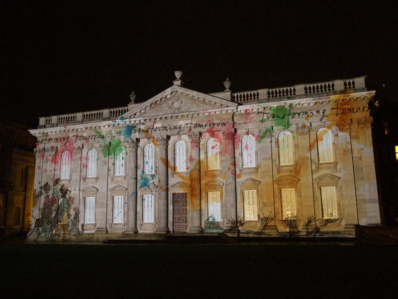 Cambridge, England: Senate House: light show: Transforming Tomorrow (Cambridge University 800th anniversary light show, officially 16-18 January 2010, light artist Ross Ashton, illustration Quentin Blake)