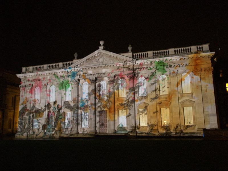 Cambridge, England: Senate House: light show: Transforming Tomorrow (Cambridge University 800th anniversary light show, officially 16-18 January 2010, light artist Ross Ashton, illustration Quentin Blake)