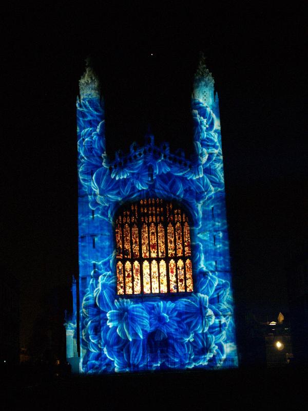 Cambridge, England: Chapel: light show: blue nano (with Mars over chapel) (Cambridge University 800th anniversary light show, officially 16-18 January 2010, light artist Ross Ashton)