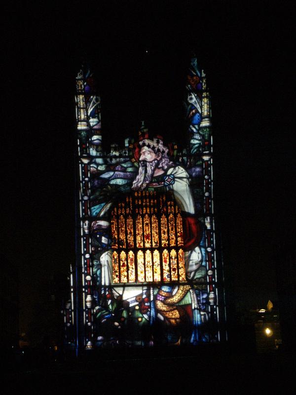 Cambridge, England: Chapel: light show: stained glass (with Mars over chapel) (Cambridge University 800th anniversary light show, officially 16-18 January 2010, light artist Ross Ashton)