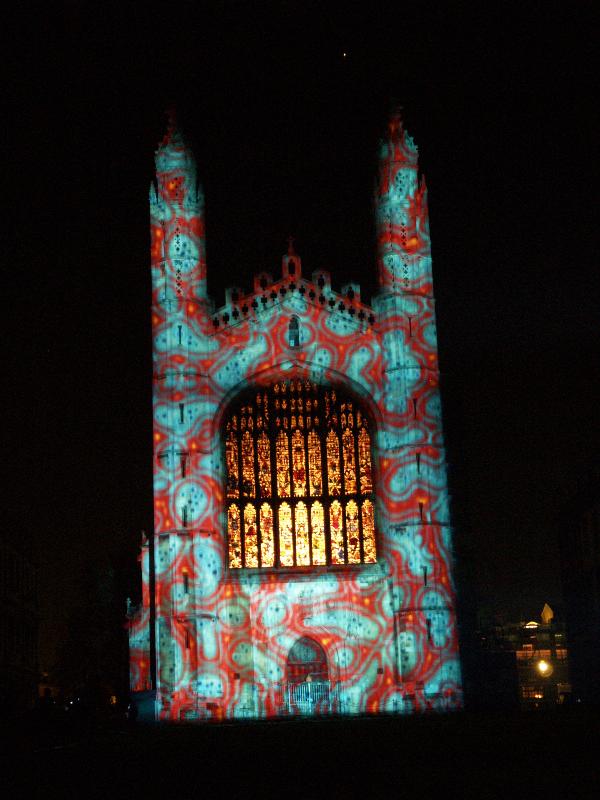 Cambridge, England: Chapel: light show: cells (with Mars over chapel) (Cambridge University 800th anniversary light show, officially 16-18 January 2010, light artist Ross Ashton)