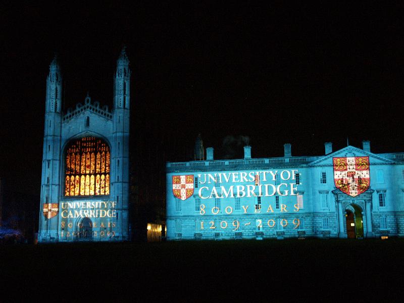 Cambridge, England: Chapel and Gibbs Building: light show: 800 years old (Cambridge University 800th anniversary light show, officially 16-18 January 2010, light artist Ross Ashton)