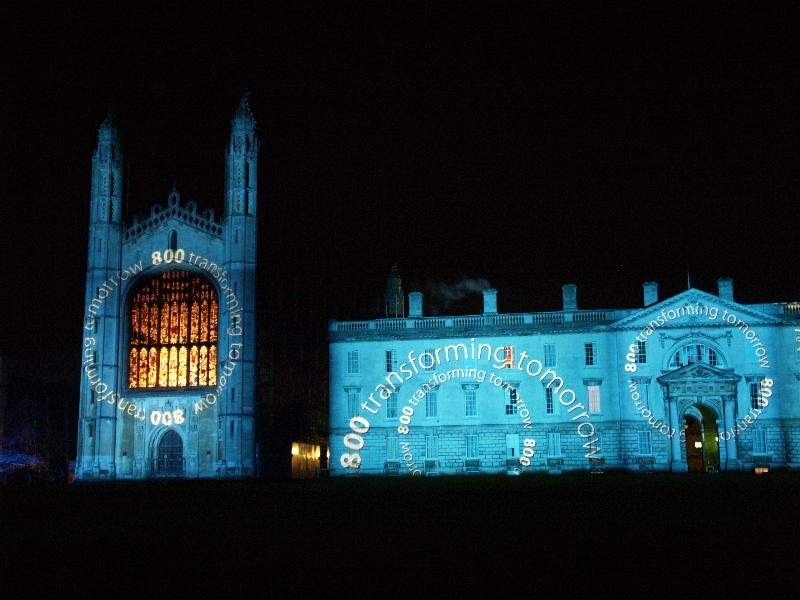 Cambridge, England: Chapel and Gibbs Building: light show: Transforming Tomorrow (Cambridge University 800th anniversary light show, officially 16-18 January 2010, light artist Ross Ashton)