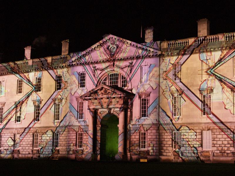 Cambridge, England: Gibbs Building: light show: pink crystals (Cambridge University 800th anniversary light show, officially 16-18 January 2010, light artist Ross Ashton)