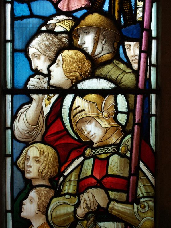 Nottingham, England: High Pavement Chapel: Great War memorial window, crowd (1925, maker Kempe & Co.?)