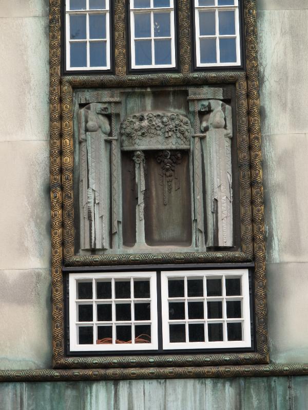 Brussels, Belgium: Palais Stoclet: two women in sacrificial pose, (1905-1911, sculptor Emilie Schleiss-Simandl, architect Josef Hoffmann)