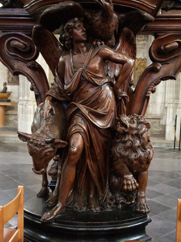 Brussels, Belgium: Eglise Notre Dame du Sablon (Church of Our Lady of Sablon): pulpit detail