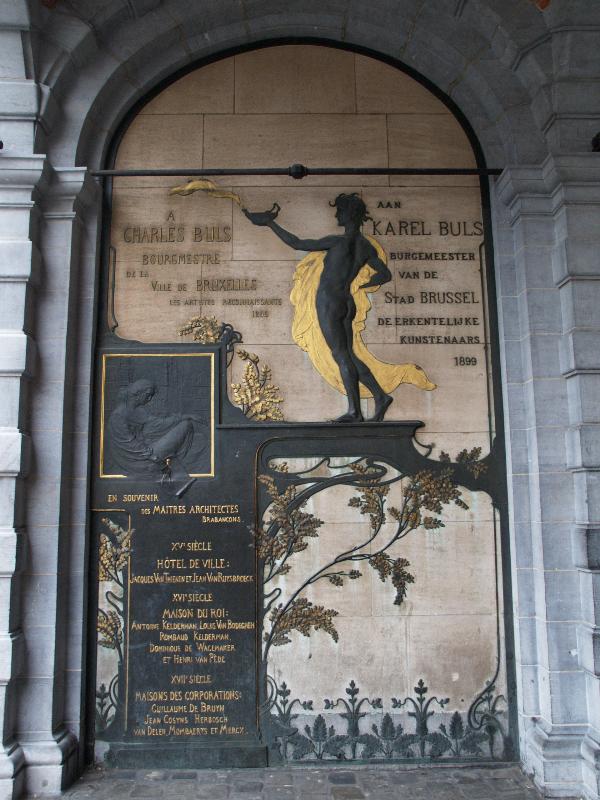 Brussels, Belgium: Grand Place: Charles Buls memorial (1899, designed by Victor Horta and executed by Victor Rousseau)