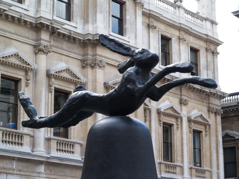 London, England: Royal Academy: Hare and Bell (1988, sculptor Barry Flanagan)
