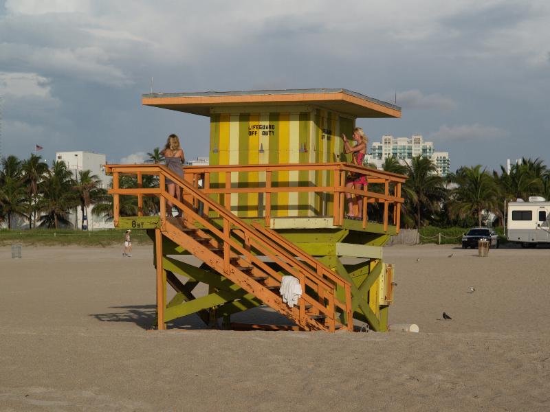 Miami Beach, Florida (FL): beach: yellow, orange and green beach hut
