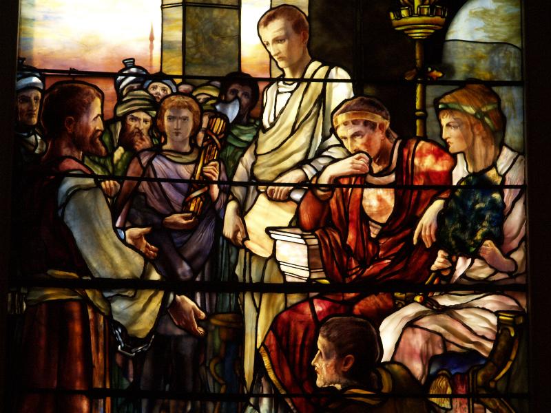 Richmond, Virginia (VA): St Paul's Episcopal Church: Paul Before Herod Agrippa (Jefferson Davis window), detail (installed 1898, Tiffany Studios, designer Frederick Wilson)