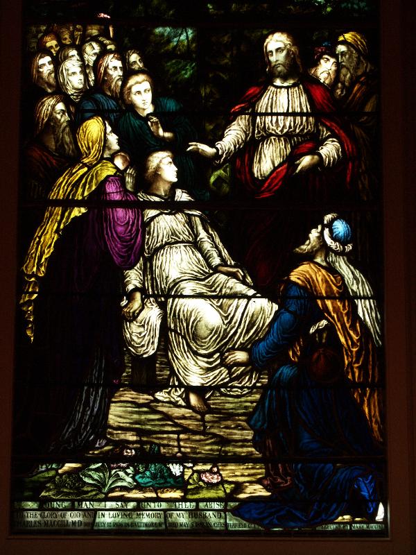 Richmond, Virginia (VA): St Paul's Episcopal Church: Jesus Raising the Young Man at Nain (installed 1896, designed by Silas McBee, made by Charles Booth Studio)