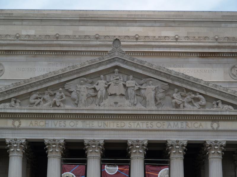 Washington, DC: National Archives Building (Constitution Avenue NW): pediment, The Recorder of the Archives (c 1935, sculptor James Earle Fraser)
