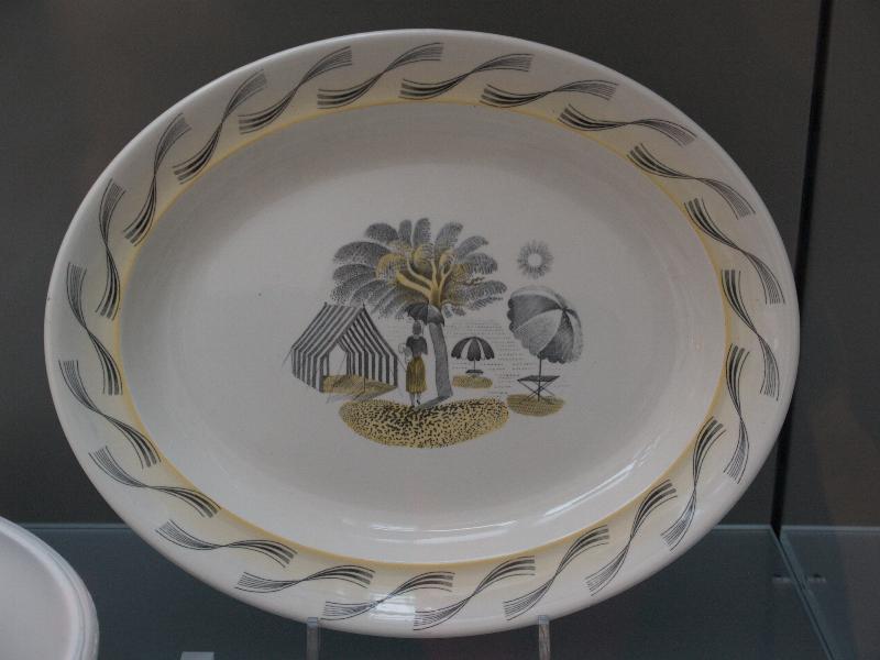 London, England: Victoria and Albert Museum: oval plate made on a jigger ('Garden' pattern by Eric Ravilious, 1938, made by Josiah Wedgwood & Sons)