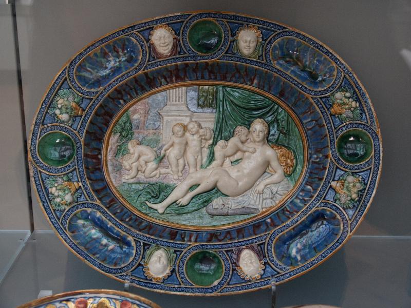 London, England: Victoria and Albert Museum: dish with allegory of abundance (1565-1585, made by Bernard Palissy or follower, Paris, France)