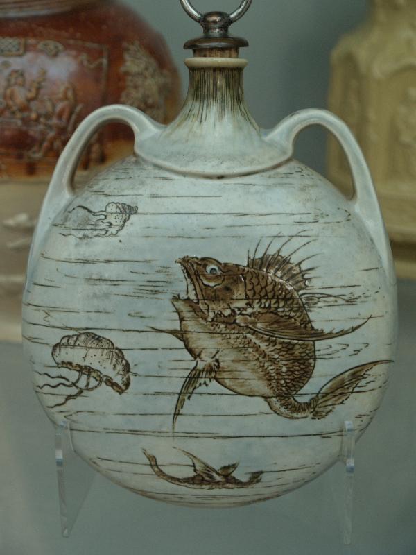 London, England: Victoria and Albert Museum: flask with fish (1900, R.W. Martin and Brothers)