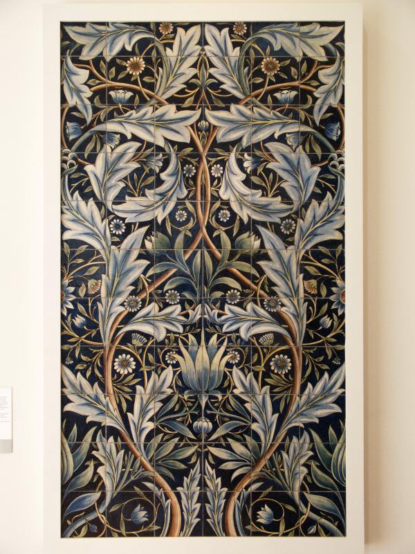 London, England: Victoria and Albert Museum: tile panel with flowers (1876, designed by William Morris, made at William De Morgan pottery, from Membland Hall in Devon)