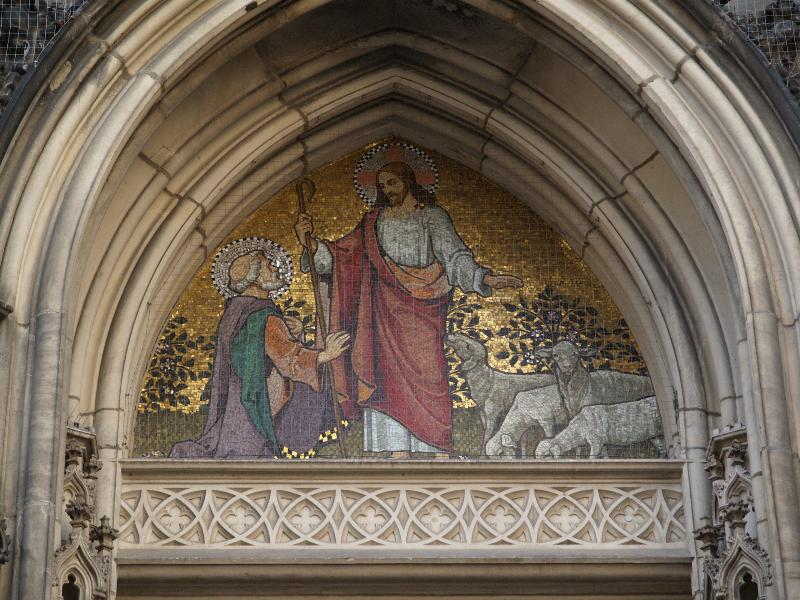 Munster, Germany: St Lamberti: mosaic, Christ the Good Shepherd (over west entrance)