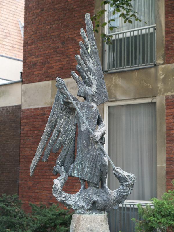Munster, Germany: Domplatz, St Michael's Fountain (St Michael Brunnen): St Michael and the Dragon (1962, Wilhelm Heiner)