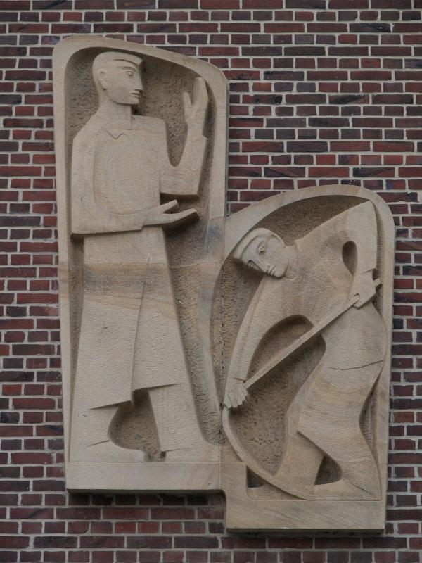 Munster, Germany: Bismarckallee, HWK (Handwerkskammer): wall relief, workers