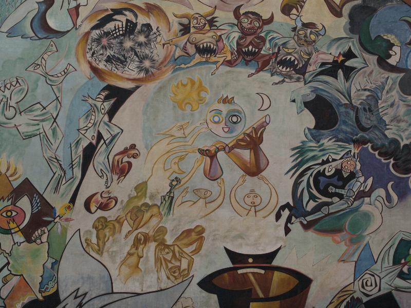 Munster, Germany: Achtermannstrasse: detail, 500 Jahre Kolonialisierung und Widerstand (1992, Saul Gutierrez)