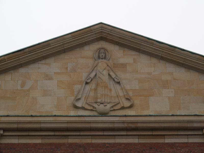 Munster, Germany: Klosterstrasse, Raphaelsklinik: relief on pediment, Madonna (1959, Heinrich Kirchner)