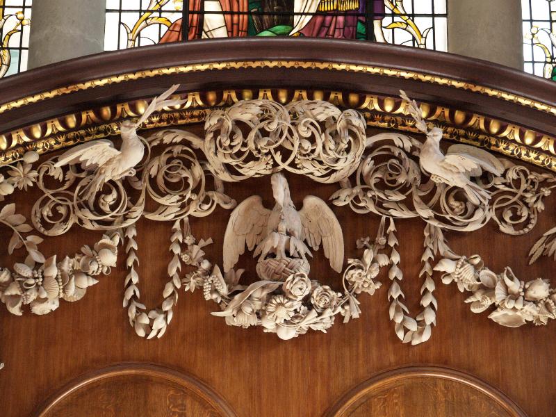London, England: Piccadilly, St James's Church: reredos carving (1684, Grinling Gibbons)