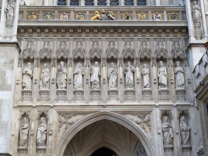 London, England: Westminster Abbey: figures over west entrance