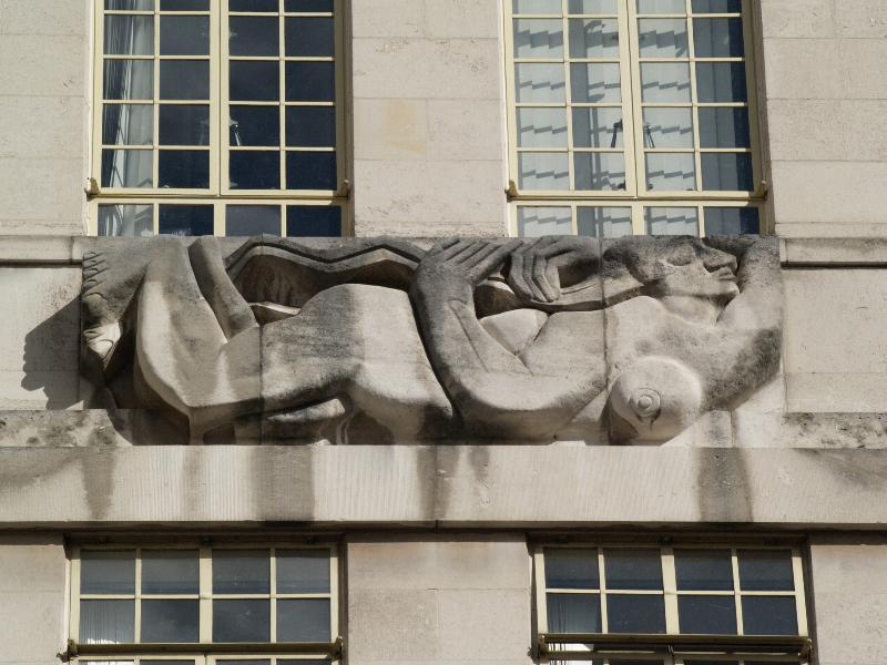 London, England: Broadway, Transport for London (originally London Underground): North Wind (1928-1929, sculptor A.H. Gerrard, architect Charles Holden)
