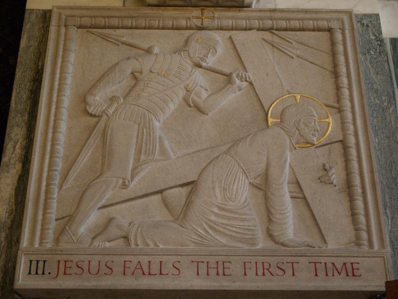 London, England: Westminster Cathedral: Station of the Cross III, Jesus Falls the First Time (1916, Eric Gill)