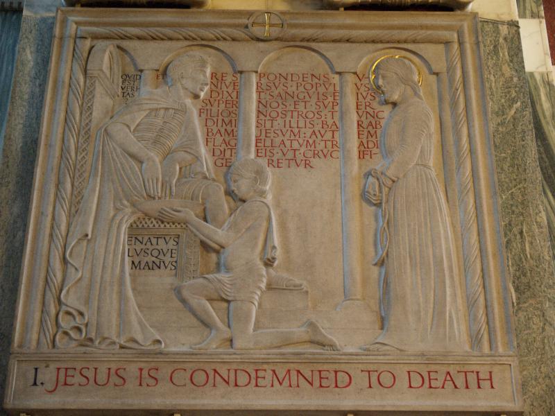London, England: Westminster Cathedral: Station of the Cross I, Jesus Is Condemned to Death (1915, Eric Gill)